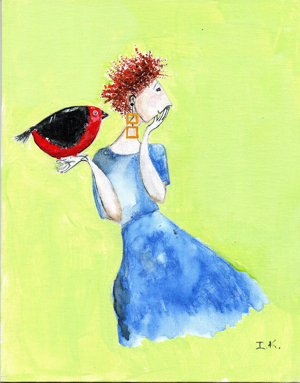 Blue on Green with Red Bird